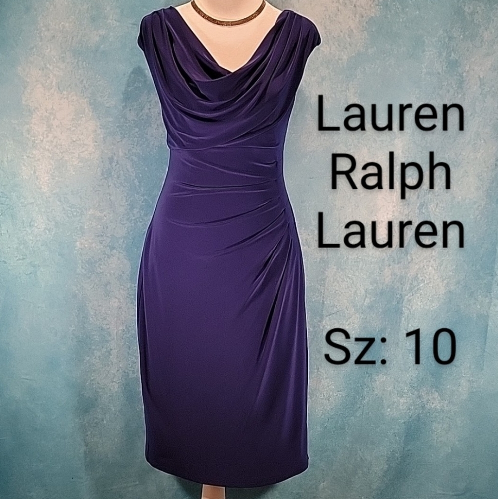 ❤Blue Lauren Ralph Lauren Midi Dress w/ Cap Sleeve, Gorgeous Ruching & Cowl Neck